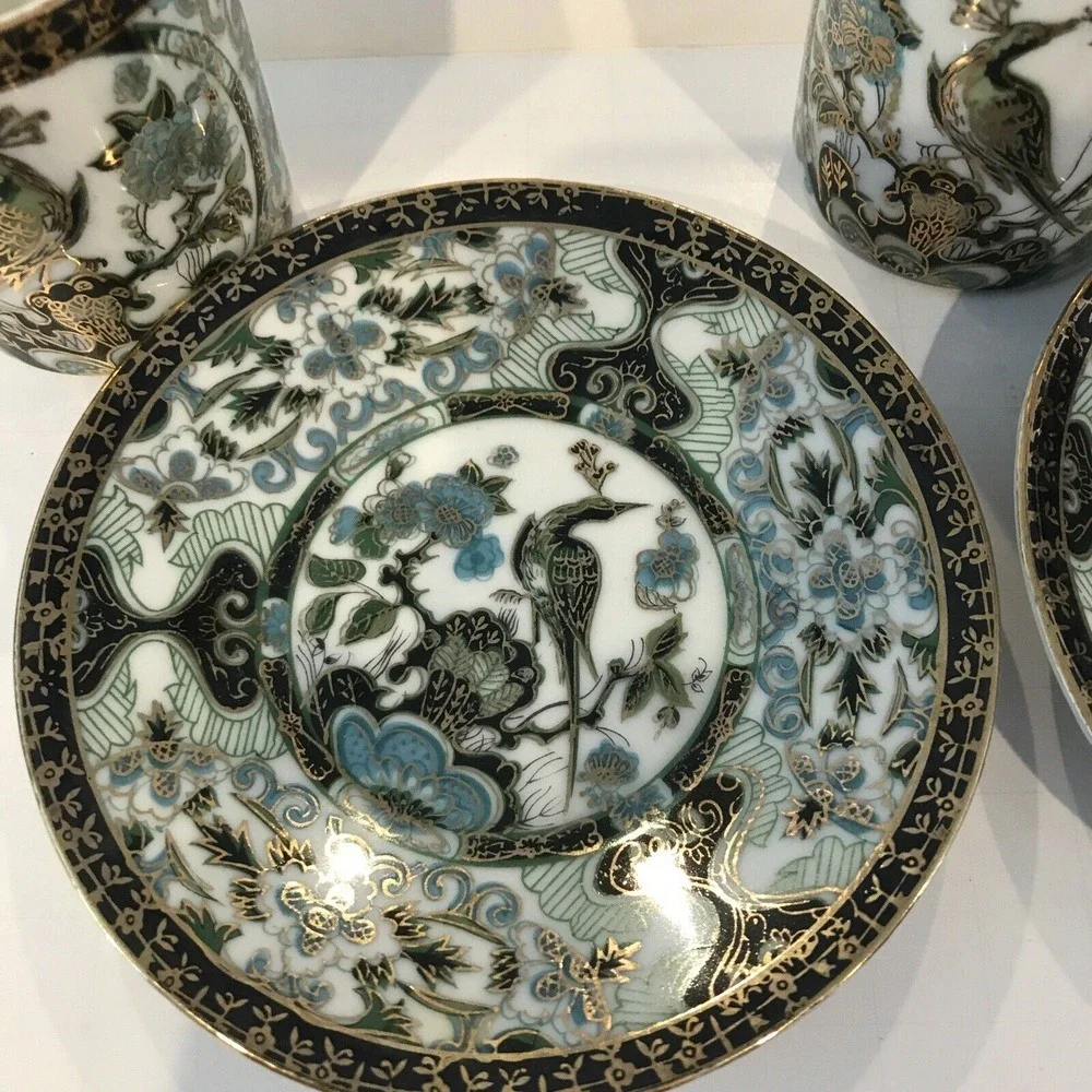 Lot of 2 Vintage‎ Porcelain Japanese Green and Gold Peacock Demitasse Tea Cups